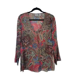 Chicos Womens Sz 0 Red Floral Paisley Top 100% Silk Bead Embellished Semi sheer